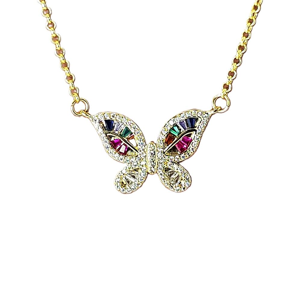 Sparkly Butterfly Necklace Pendant Multi-color CZ Adjustable Gold Plated Chain
